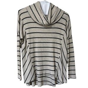 Cowl neck thermal knit black and cream top with stripe pattern